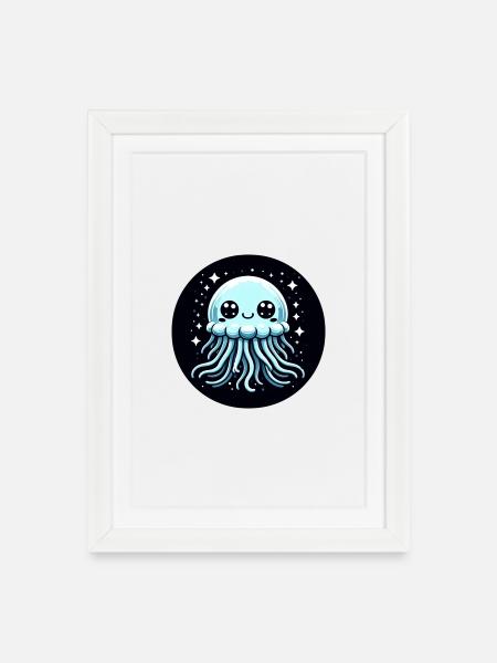 Méduse Yeux Bleus Étoiles - Affiche encadrée (27 × 37 cm) - blanc