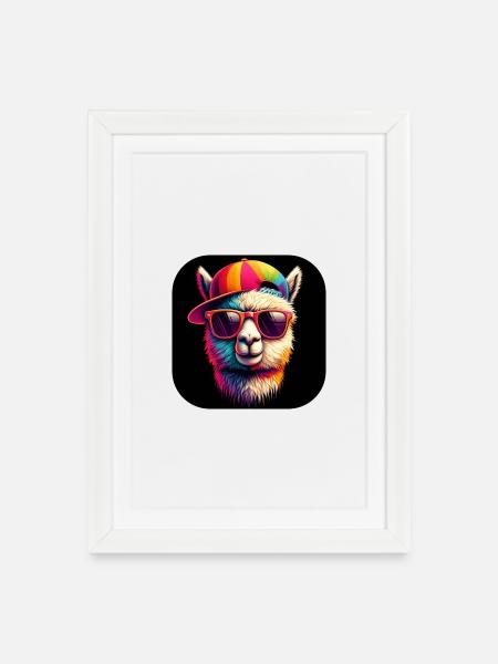 Alpaka mit Mütze und Sonnenbrille - Gerahmtes Poster (27 × 37 cm) - Weiß
