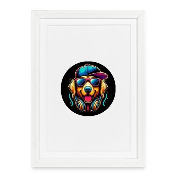 Golden Retriever Dog Rapper with Cap and Headphones - Framed poster (27 × 37 cm) - white - Front