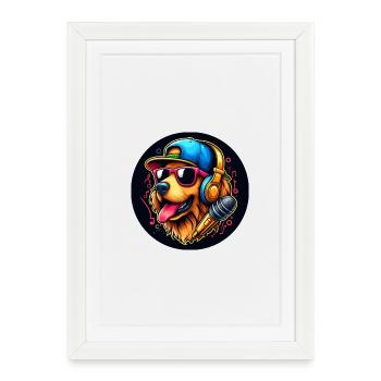 Chien Golden Retriever avec lunettes de soleil et casquette - Affiche encadrée (27 × 37 cm) - blanc - Devant