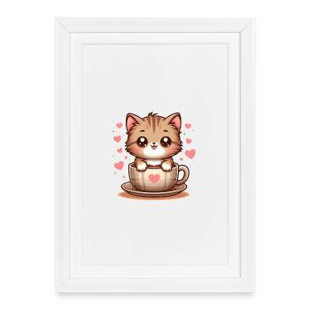 Chat avec tasse à café 2 - Affiche encadrée (27 × 37 cm) - blanc - Devant