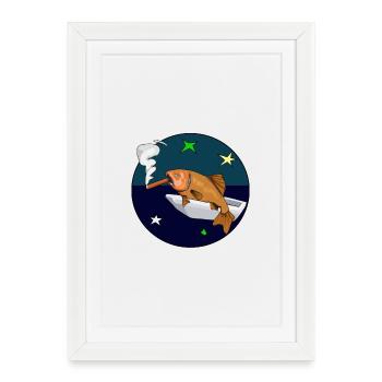Poisson avec un cigare dans l’espace. - Affiche encadrée (27 × 37 cm) - blanc - Devant