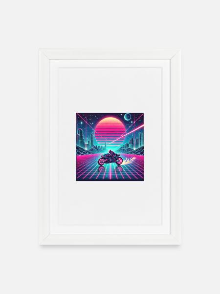 Neon Grid Odyssey – Synthwave trifft Tron Legacy - Gerahmtes Poster (27 × 37 cm) - Weiß