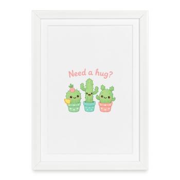 De mignons cactus « Besoin d’un câlin ? » - Affiche encadrée (27 × 37 cm) - blanc - Devant