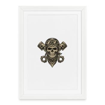 Crâne biker mécanique vintage - Affiche encadrée (27 × 37 cm) - blanc - Devant