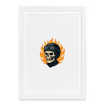 Crâne biker stylisé casque et flammes - Affiche encadrée (27 × 37 cm) - blanc - Devant