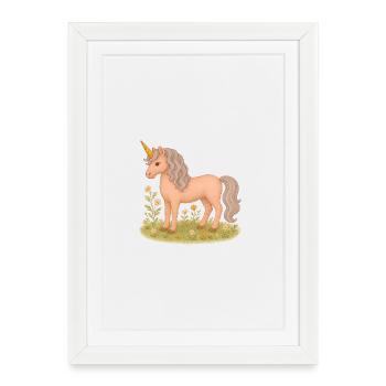 Niedliches Vintage-Einhorn im Blumenfeld - Gerahmtes Poster (27 × 37 cm) - Weiß - Vorne