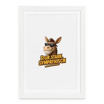 Têtu, fort, sympathique – L’âne avec du style - Affiche encadrée (27 × 37 cm) - blanc - Devant