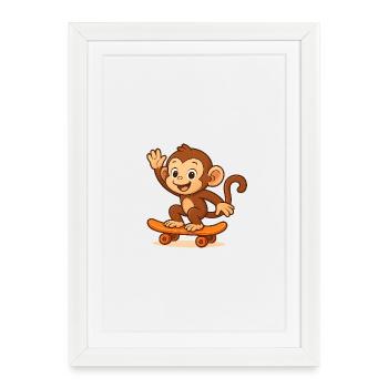 Verspielter Affe auf Skateboard - Gerahmtes Poster (27 × 37 cm) - Weiß - Vorne