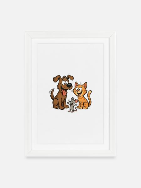 Lustiges Tiertrio – Hund, Katze & Maus - Gerahmtes Poster (27 × 37 cm) - Weiß