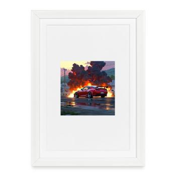Voiture de sport rouge au milieu d’une tempête de feu urbaine - Affiche encadrée (27 × 37 cm) - blanc - Devant