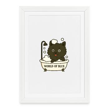 Playful Spitz (dog) in the bathroom with soap bubbles - Framed poster (27 × 37 cm) - white - Front