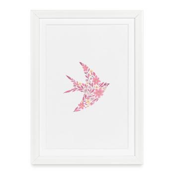 Floral nordique - Oiseau rose vif - Affiche encadrée (27 × 37 cm) - blanc - Devant