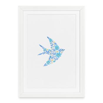 Floral nordique - Oiseau bleu vif - Affiche encadrée (27 × 37 cm) - blanc - Devant