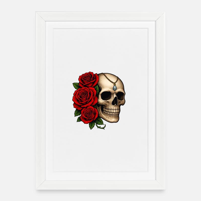 Rosen & Totenschädel Tattoo Design - Gerahmtes Poster (27 × 37 cm) - Weiß
