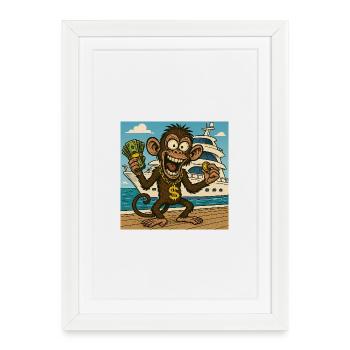 Humorous monkey with money and yacht - Framed poster (27 × 37 cm) - white - Front