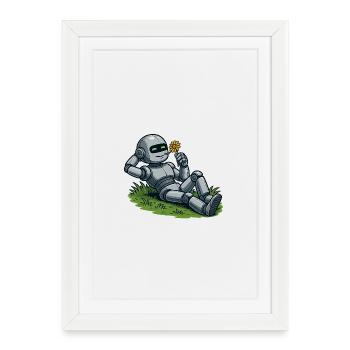 Robot avec fleur sur une pelouse - Affiche encadrée (27 × 37 cm) - blanc - Devant