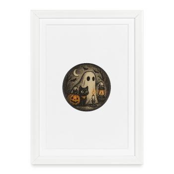 Spooky Halloween night scene with cat - Framed poster (27 × 37 cm) - white - Front