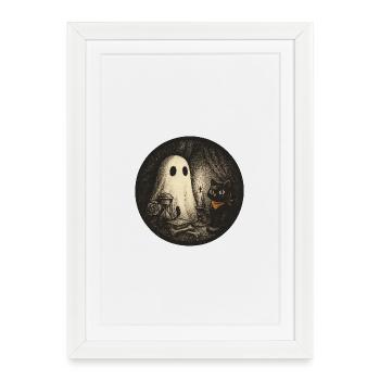 Nuit hantée chat magique illustration - Affiche encadrée (27 × 37 cm) - blanc - Devant