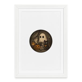 Cozy Halloween Scenario with Ghost and Pumpkin - Framed poster (27 × 37 cm) - white - Front