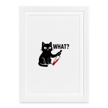 Chat noir avec couteau – Drôle d’Halloween - Affiche encadrée (27 × 37 cm) - blanc - Devant