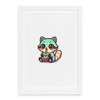 Kawaii Raccoon Drinking Boba Tea  - Affiche encadrée (27 × 37 cm) - blanc - Devant