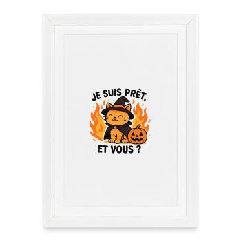 Chat sorcier Halloween prêt - Affiche encadrée (27 × 37 cm) - blanc - Devant