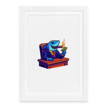 Requin de bureau avec de l’argent, une flamme et un cigare - Affiche encadrée (27 × 37 cm) - blanc - Devant