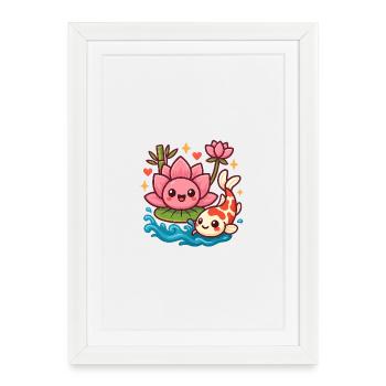 Koi and Lotus Kawaii Print - Framed poster (27 × 37 cm) - white - Front
