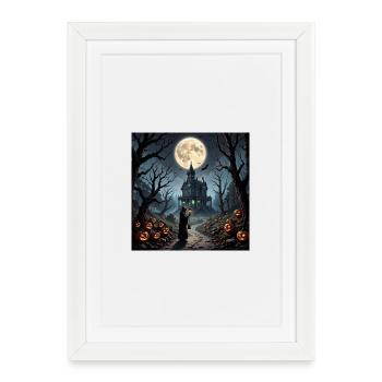 Lune sur Maison Hantée Halloween - Affiche encadrée (27 × 37 cm) - blanc - Devant