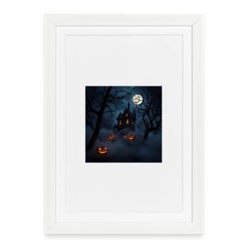 Maison hantée sous lune et citrouilles - Affiche encadrée (27 × 37 cm) - blanc - Devant