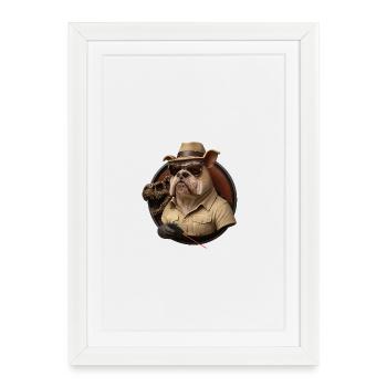Bouledogue d’aventure en tenue safari - Affiche encadrée (27 × 37 cm) - blanc - Devant