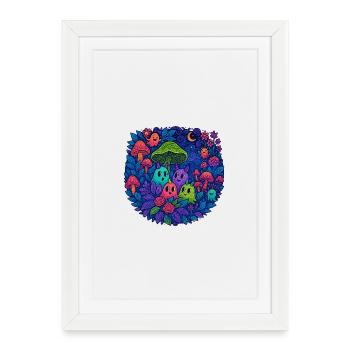 Neon Monster Friends in the Mushroom Forest - Framed poster (27 × 37 cm) - white - Front