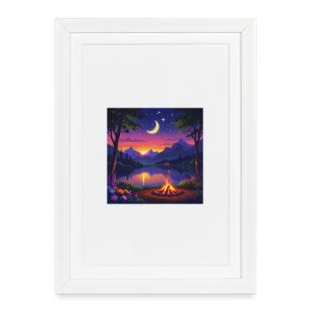 Nuit au clair de lune au feu de camp du lac Mountain - Affiche encadrée (27 × 37 cm) - blanc - Devant