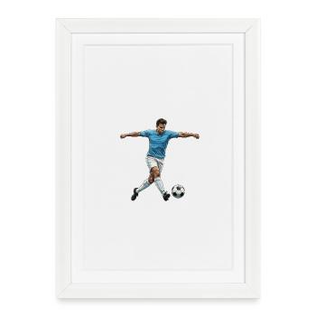 Joueur de football Chemise bleue Tir de but Comic Sti - Affiche encadrée (27 × 37 cm) - blanc - Devant
