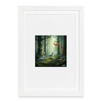 Märchenwald Unikorn Phönix Szene - Gerahmtes Poster (27 × 37 cm) - Weiß - Vorne