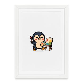 Peintre pingouin avec palette et couverts - Affiche encadrée (27 × 37 cm) - blanc - Devant