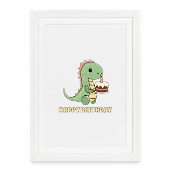 Dino with a birthday cake - Framed poster (27 × 37 cm) - white - Front