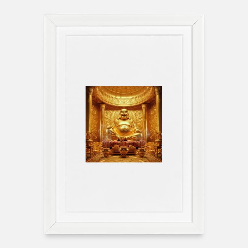 Goldener Bitcoin Buddha Tempel - Gerahmtes Poster (27 × 37 cm) - Weiß