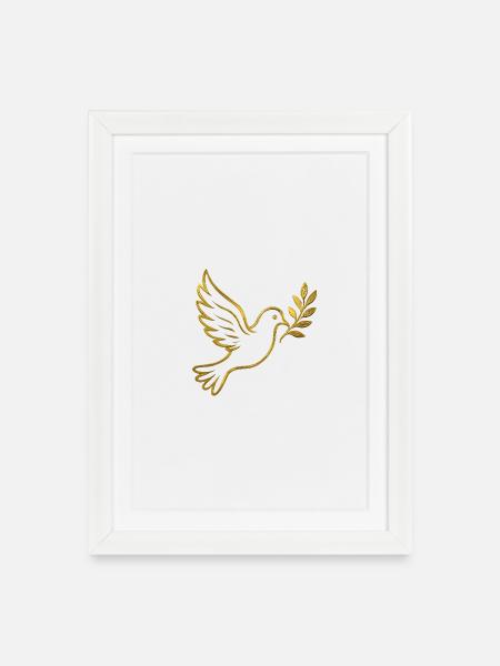NEU -- Goldene Taube mit Olivenzweig. - Gerahmtes Poster (27 × 37 cm) - Weiß
