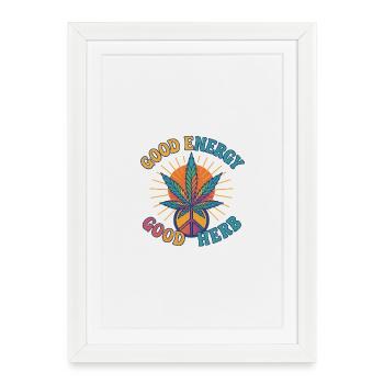 Bonne énergie Bonne Herbe – Hippie Retro Design - Affiche encadrée (27 × 37 cm) - blanc - Devant