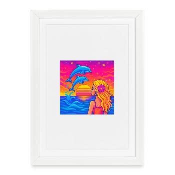 Portrait néon du coucher de dauphin - Affiche encadrée (27 × 37 cm) - blanc - Devant