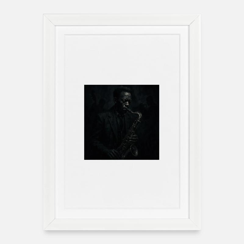 Saxophone nocturne en noir profond - Affiche encadrée (27 × 37 cm) - blanc