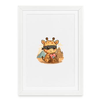 Girafe Kawaii Bandit – Voleuse de Trésor du Louvre - Affiche encadrée (27 × 37 cm) - blanc - Devant