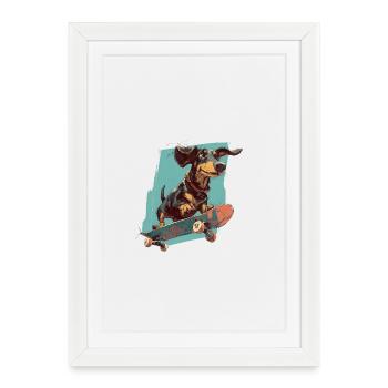 Teckel à roulettes - Affiche encadrée (27 × 37 cm) - blanc - Devant