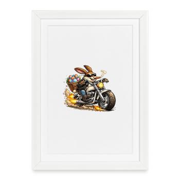 Osterhäschen auf Motorrad - Gerahmtes Poster (27 × 37 cm) - Weiß - Vorne