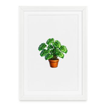Art de feuilles de monstera dans un pot en terre cuite - Affiche encadrée (27 × 37 cm) - blanc - Devant