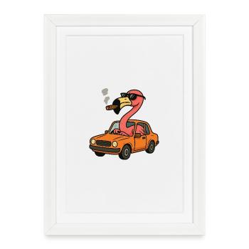 Flamant rose dans une voiture orange - Affiche encadrée (27 × 37 cm) - blanc - Devant