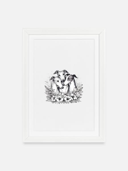 Three greyhounds in a circle of flowers - Framed poster (27 × 37 cm) - white