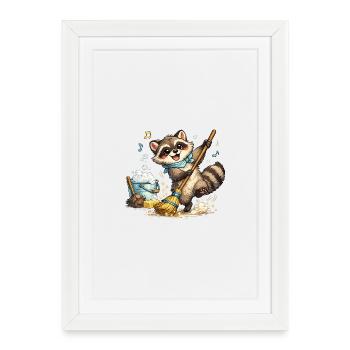 Raton laveur au balai coloré - Affiche encadrée (27 × 37 cm) - blanc - Devant